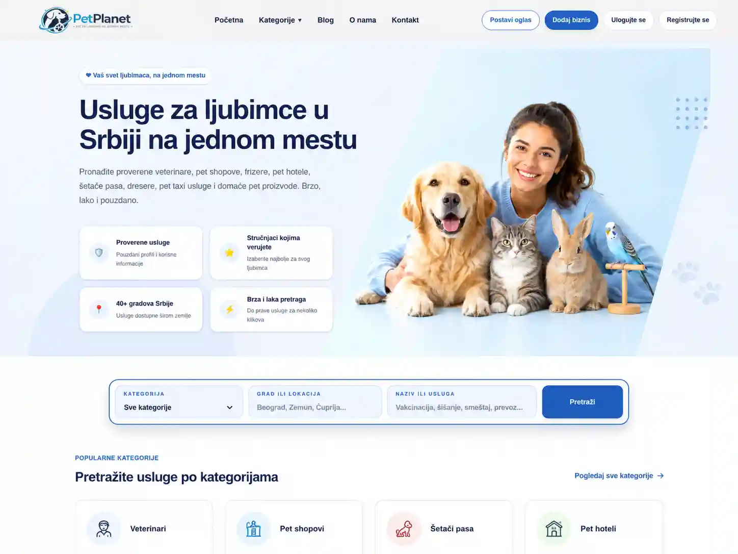 Početna stranica PetPlanet portala za ljubimce